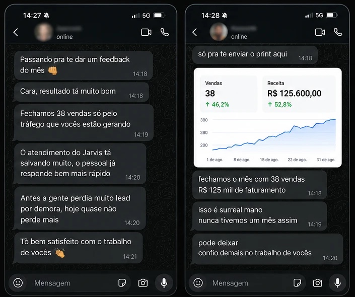 Prints de conversa no WhatsApp: cliente relata 38 vendas e R$ 125 mil de faturamento no mês