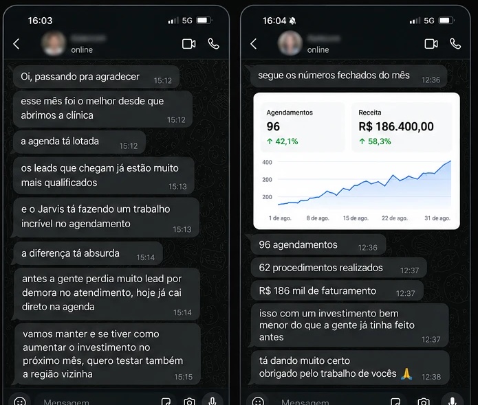 Prints de conversa no WhatsApp: clínica relata agenda lotada, 96 agendamentos e R$ 186 mil de faturamento